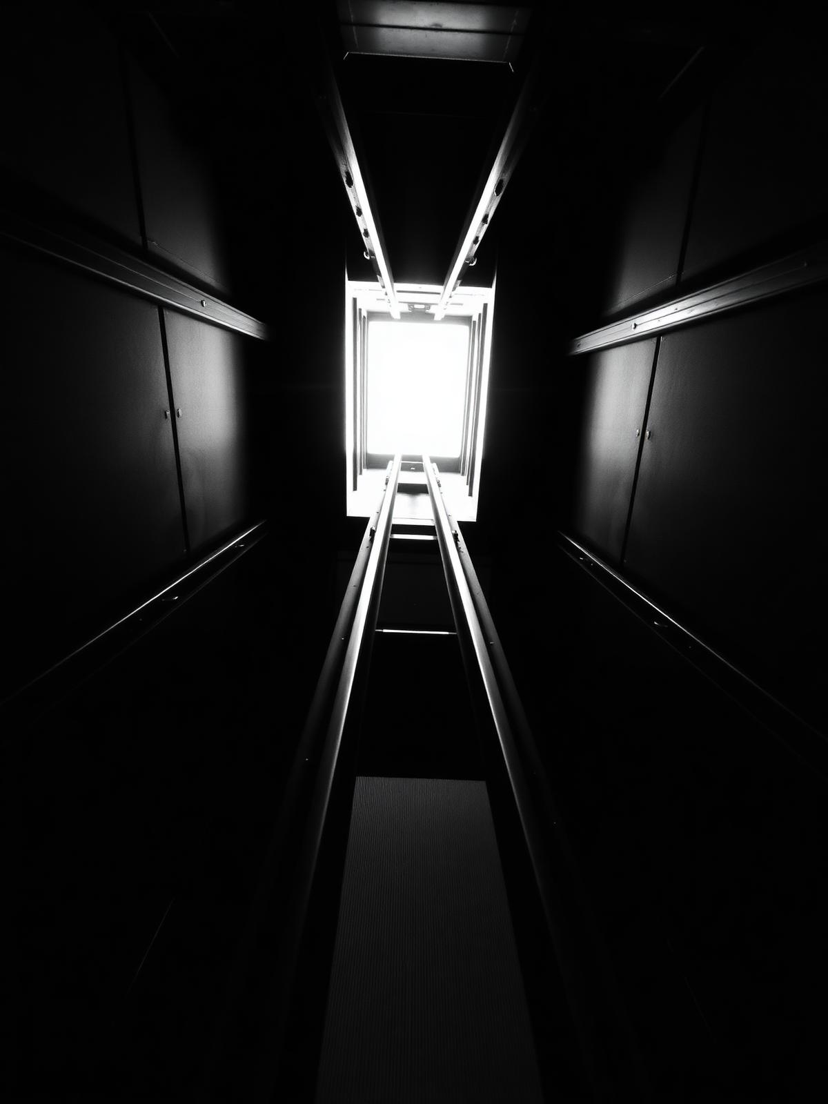 Looking up an elevator shaft, monochrome